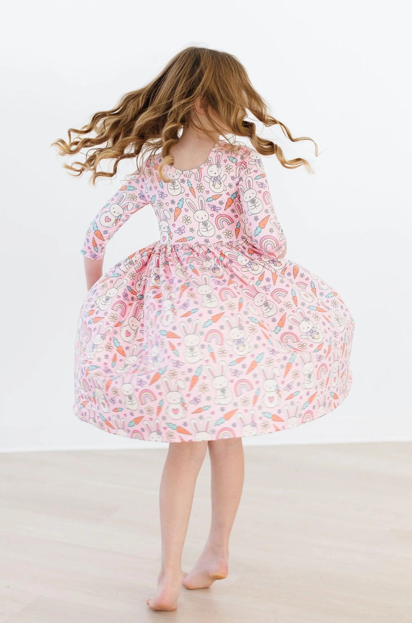 SPRINGTIME BUNNIES 3/4 SLEEVE POCKET TWIRL DRESS