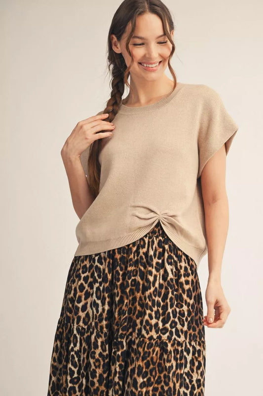 SHORT DROP SHOULDER SWEATER WITH KNOT DETAIL - CHANPAGNE