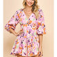 V NECK PRINT MINI DRESS - PINK MULTI