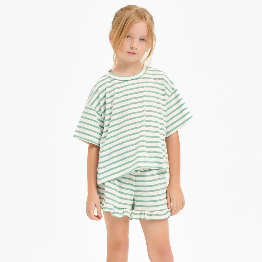 STRIPE CROP TOP AND RUFFLE SHORT SET - MINT