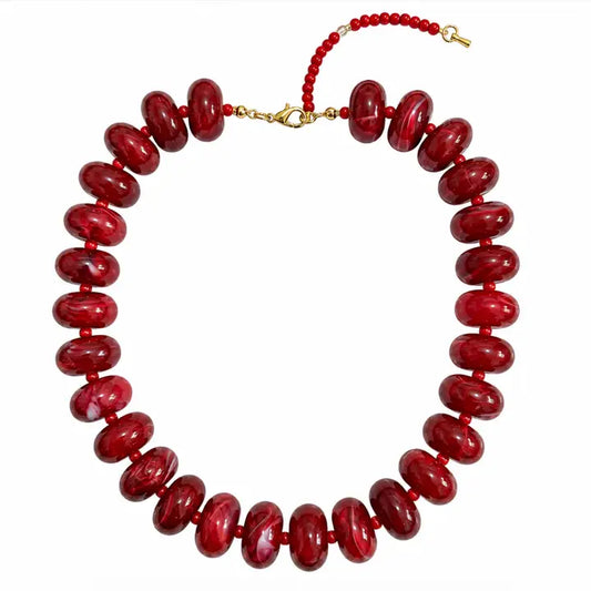 POLISHED BEAD STATEMENT NECKLACE - DEEP CREAM RED