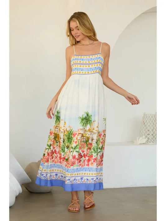 TROPICAL SCENIC PRINT MIDI DRESS - BLUE MULTI