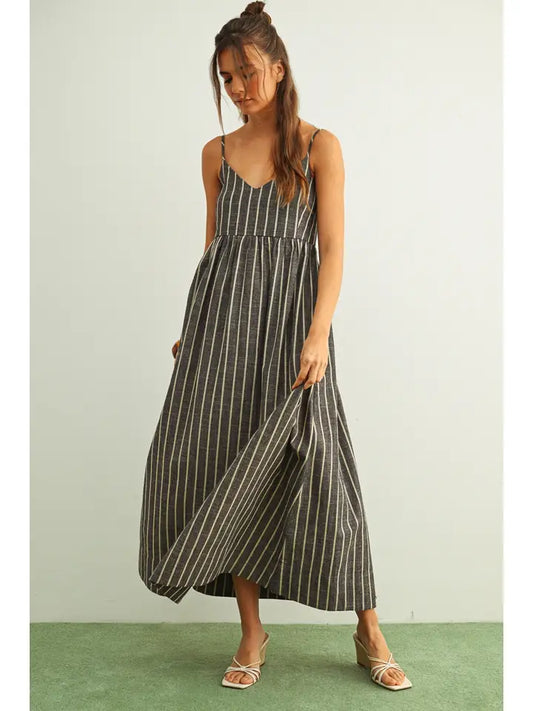STRIPE PATTERN LONG DRESS - CHARCOAL/BEIGE