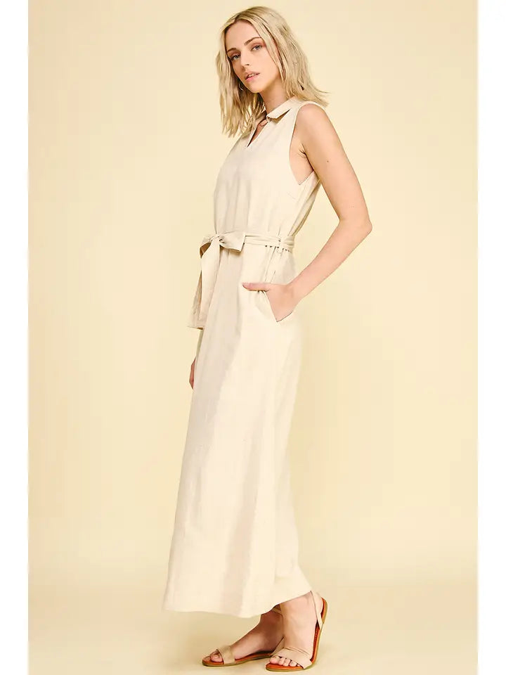 LINEN SLEEVELESS MAXI DRESS - OATMEAL