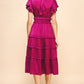 V NECK TIERED MIDI DRESS - BERRY
