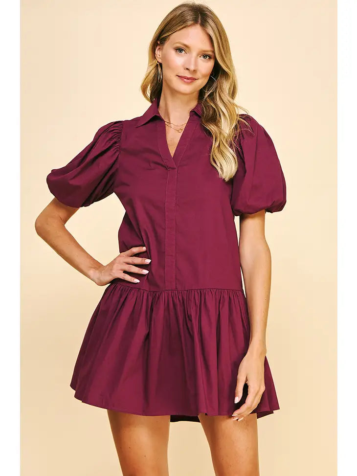 COLLARED TIERED MINI DRESS - BERRY