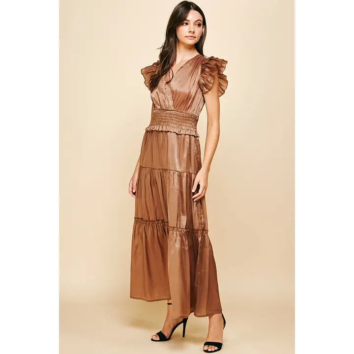 SATIN TIERED MAXI DRESS - MOCHA