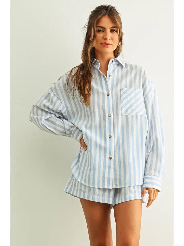 STRIOED BUTON DOWN LINEN SHIRT - BLUE