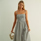 STRIPED FABRIC WITH SMOCKING TOP MAXI DRESS - BLACK