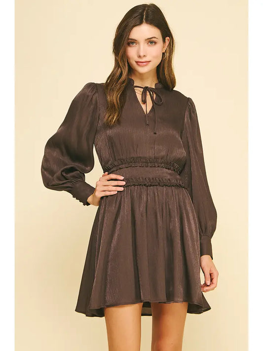 RUFFLED DETAIL MINI DRESS - ESPRESSO