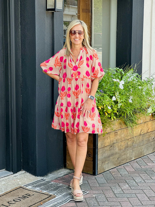 PUFF SLEEVE PRINT DRESS - MAGENTA