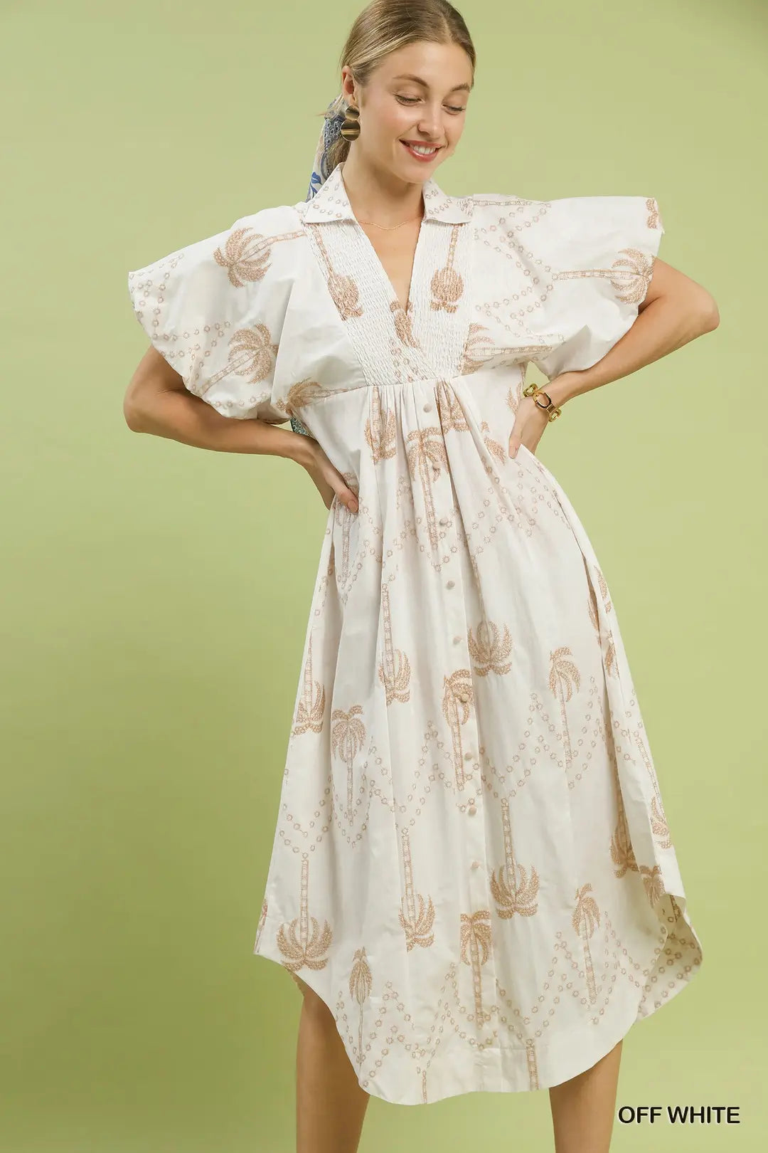 EMBROIDERED PUFF SLEEVE MIDI DRESS - OFF WHITE