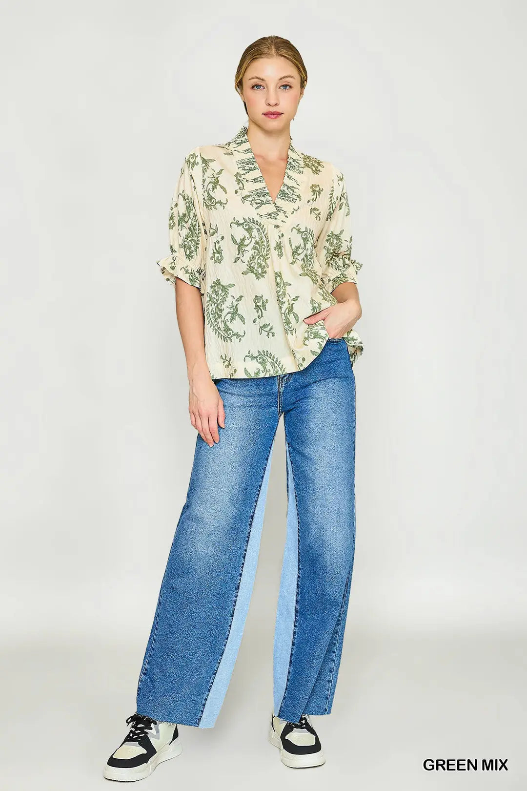 WILLOW VINE RUFFLE TRIM BLOUSE - GREEN MIX