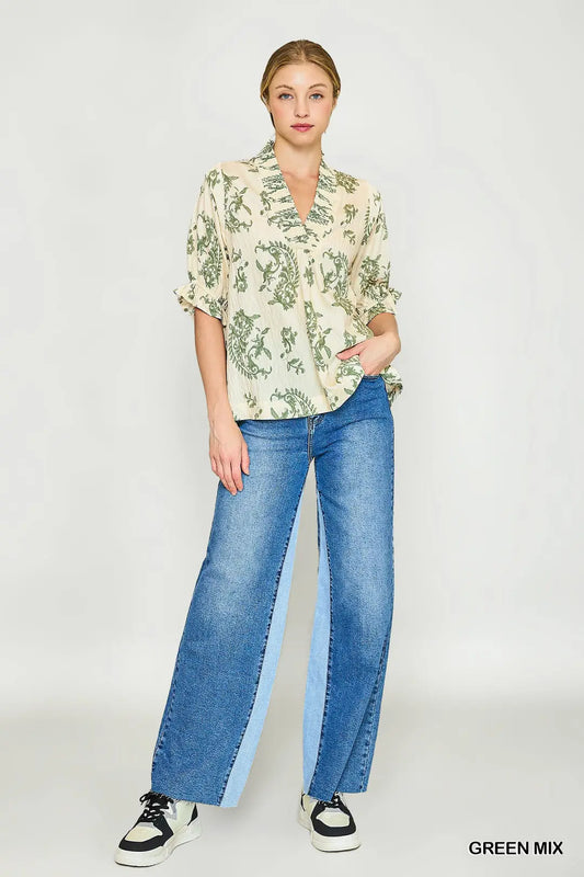 WILLOW VINE RUFFLE TRIM BLOUSE - GREEN MIX