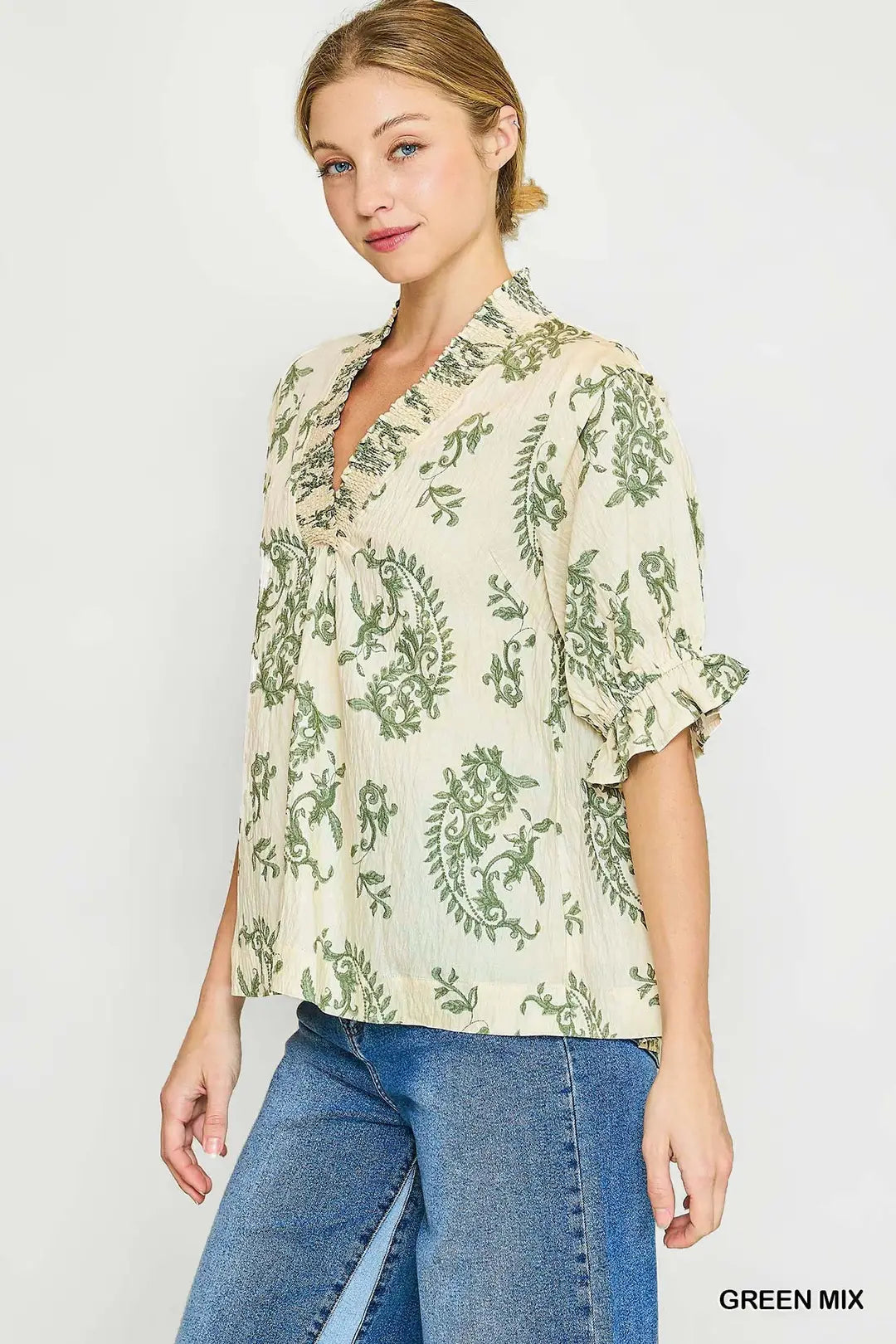 WILLOW VINE RUFFLE TRIM BLOUSE - GREEN MIX