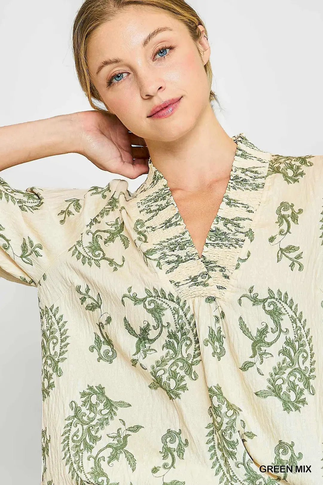 WILLOW VINE RUFFLE TRIM BLOUSE - GREEN MIX