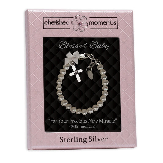 STERLING SILVER PEARL BABY CROSS BRACELET(0-1Y)