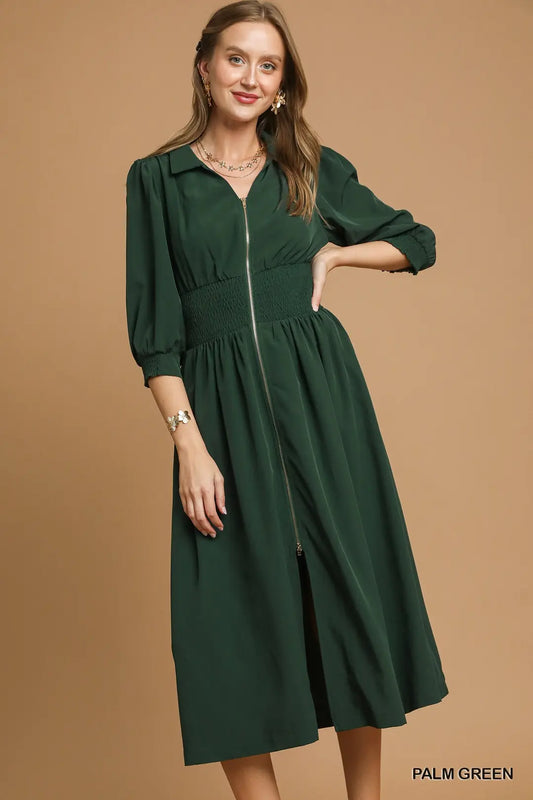 SMOCKED WAIST MIDI DRESS WITH FRONT ZIP - PALM GREEN