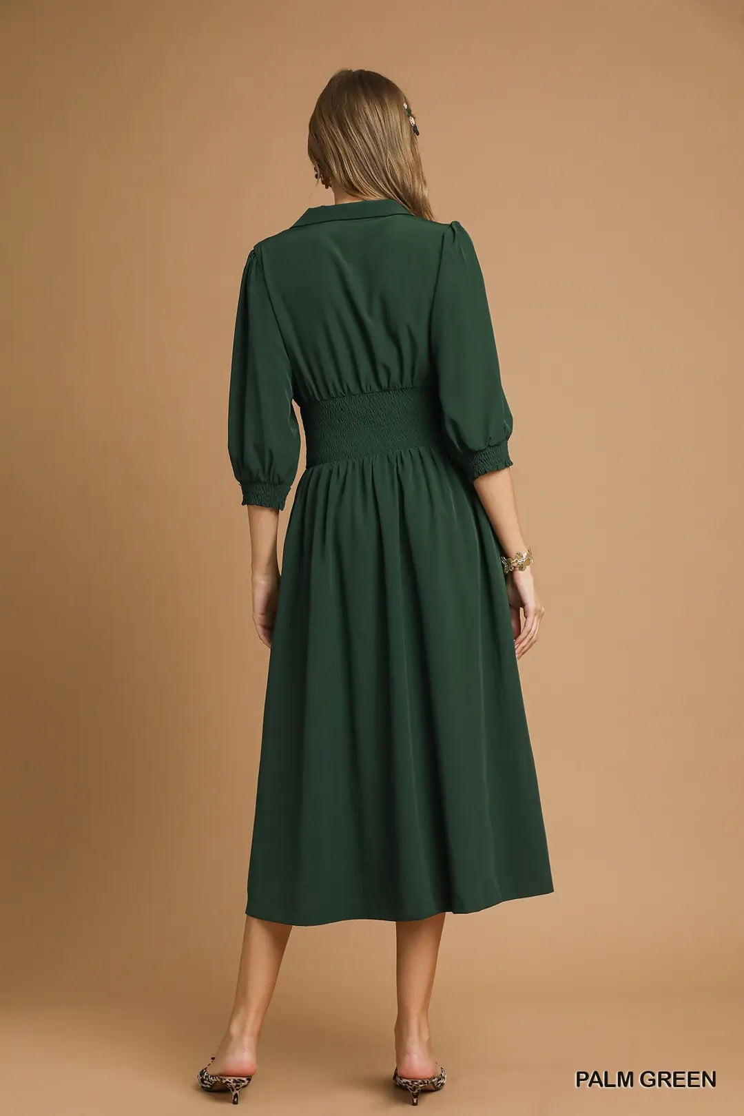 SMOCKED WAIST MIDI DRESS WITH FRONT ZIP - PALM GREEN