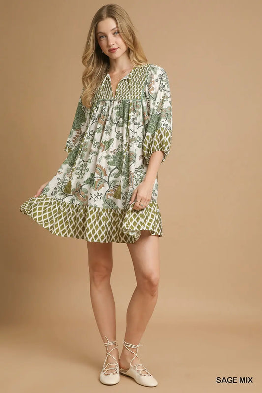 MIXED PRINT SMOCKING DETAIL DRESS W/CONTRAST PIPING