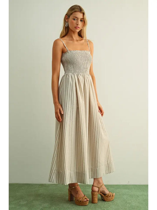 STRIPED FABRIC WITH SMOCKING TOP MAXI DRESS - TAN