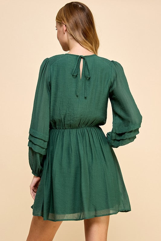 PLEATED DETAIL LONG SLEEVE DRESS - HUNTER GREEN