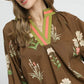 FLORAL CONTRAST TRIM BLOUSE - BROWN MIX