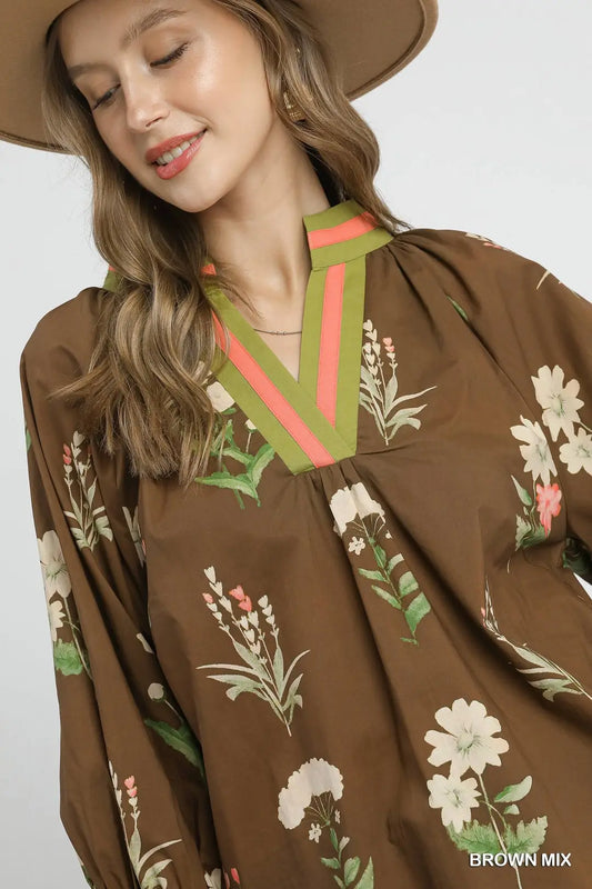 FLORAL CONTRAST TRIM BLOUSE - BROWN MIX