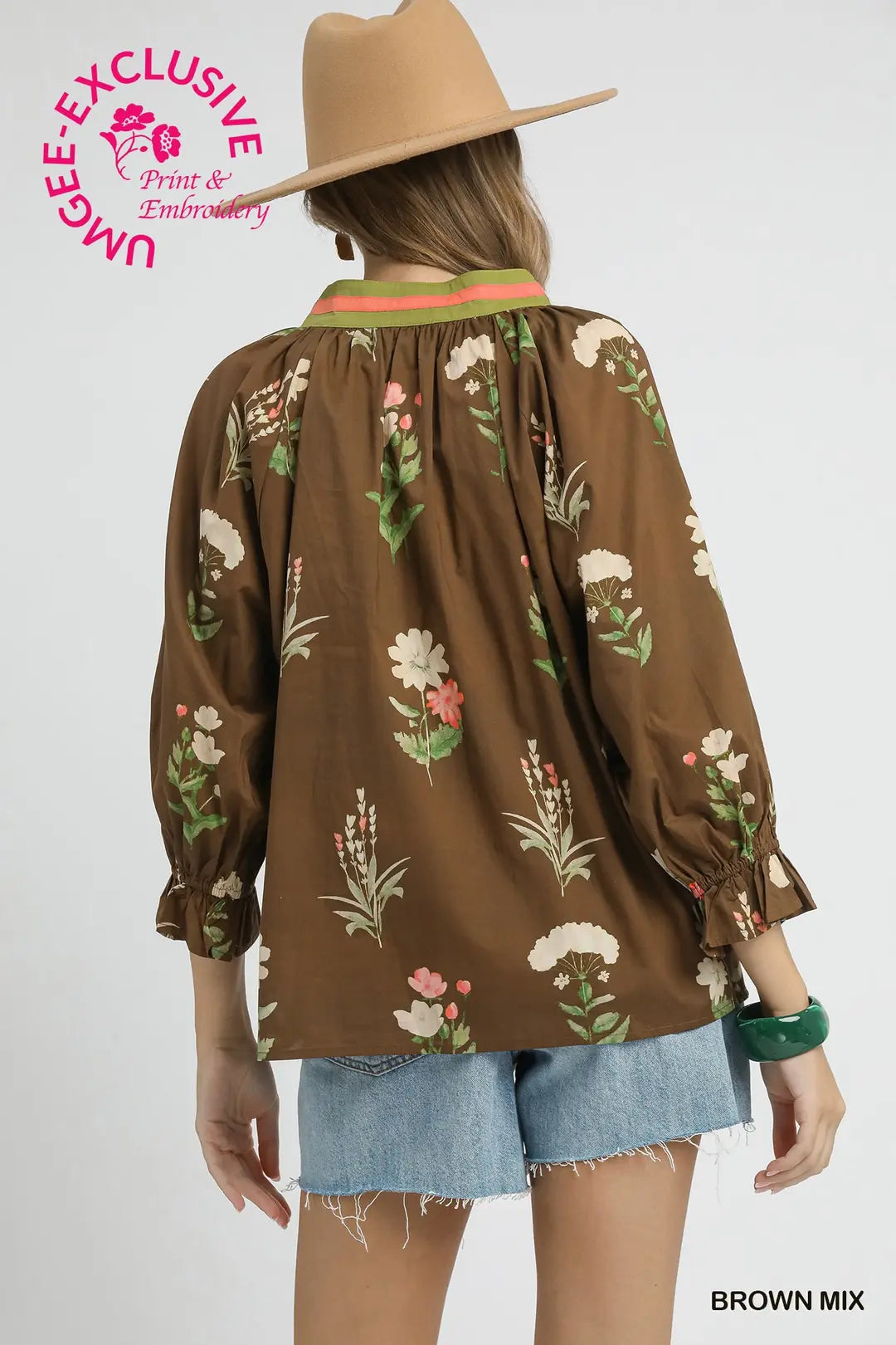 FLORAL CONTRAST TRIM BLOUSE - BROWN MIX
