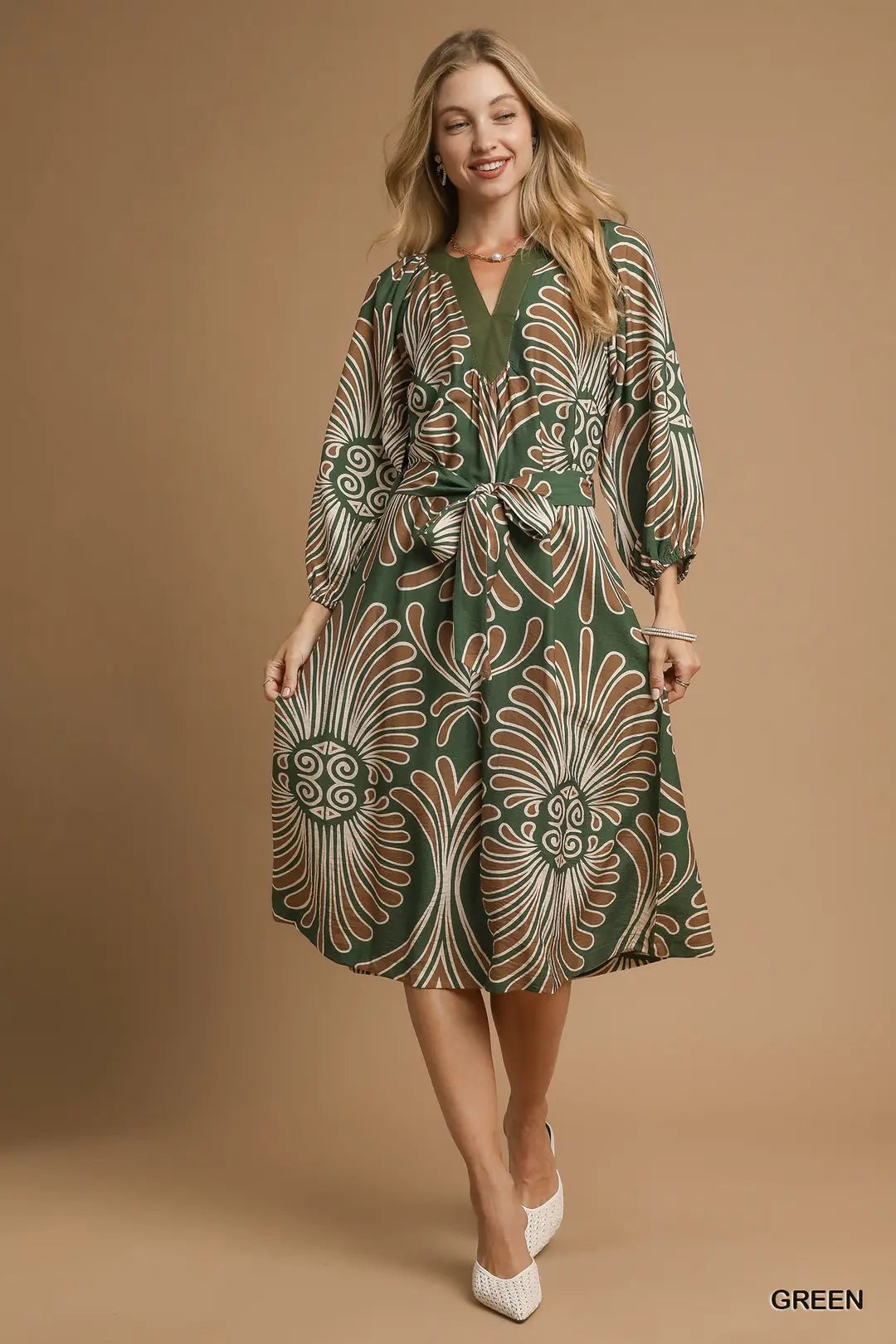 ABSTRACT PRINT MIDI DRESS - GREEN