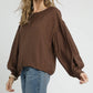 ROUND NECK LONG SLEEVE DRAWSTRING BLOUSE - BROWN