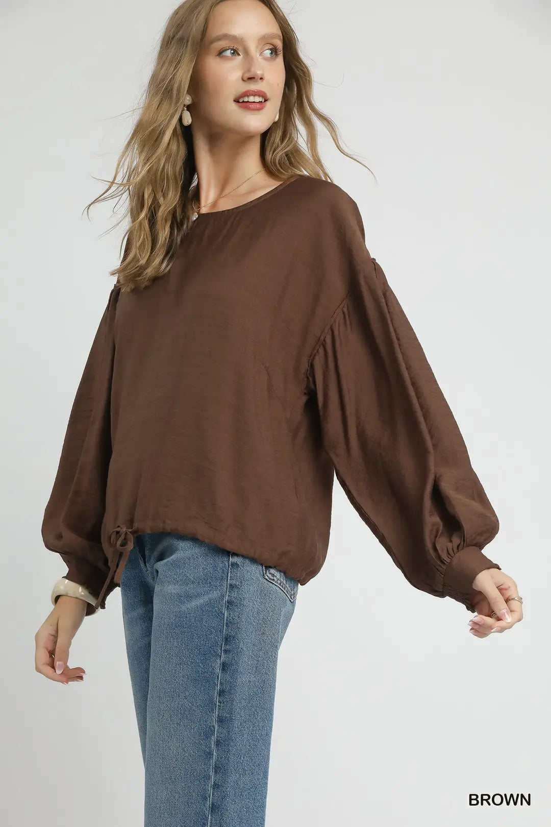 ROUND NECK LONG SLEEVE DRAWSTRING BLOUSE - BROWN