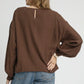 ROUND NECK LONG SLEEVE DRAWSTRING BLOUSE - BROWN