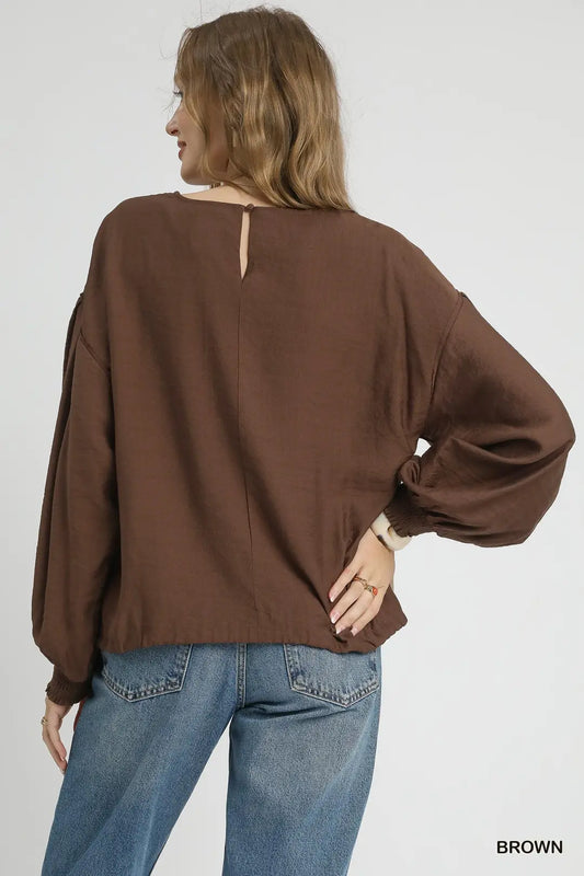 ROUND NECK LONG SLEEVE DRAWSTRING BLOUSE - BROWN