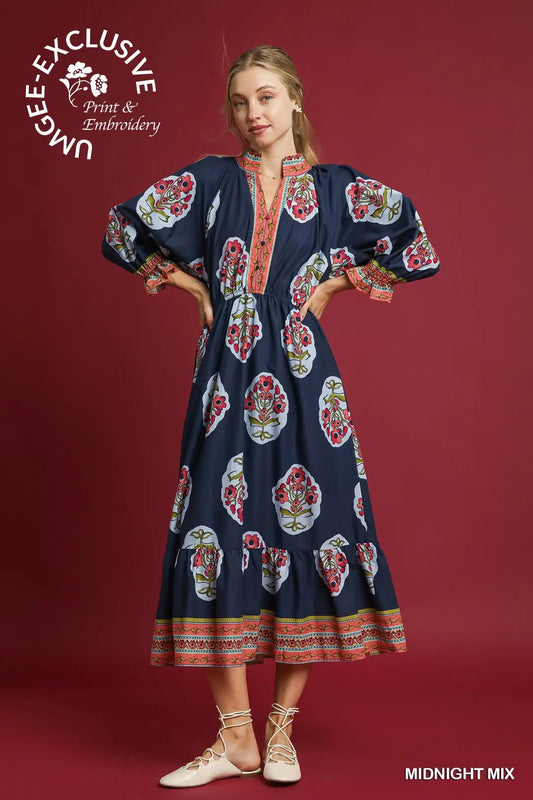 FLOWER PATCH BORDER V-NECK DRESS - MIDNIGHT MIX