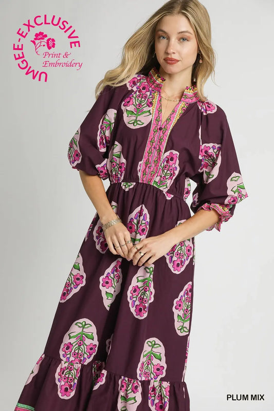 FLOWER PATCH BOARDER PRINT V-NECK MIDI DRESS