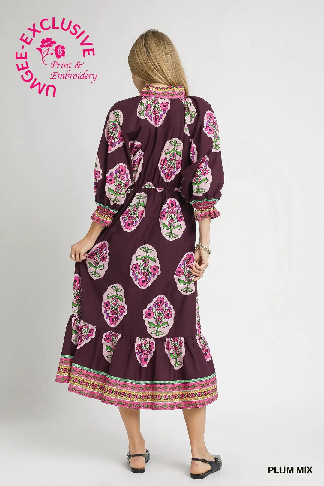 FLOWER PATCH BOARDER PRINT V-NECK MIDI DRESS