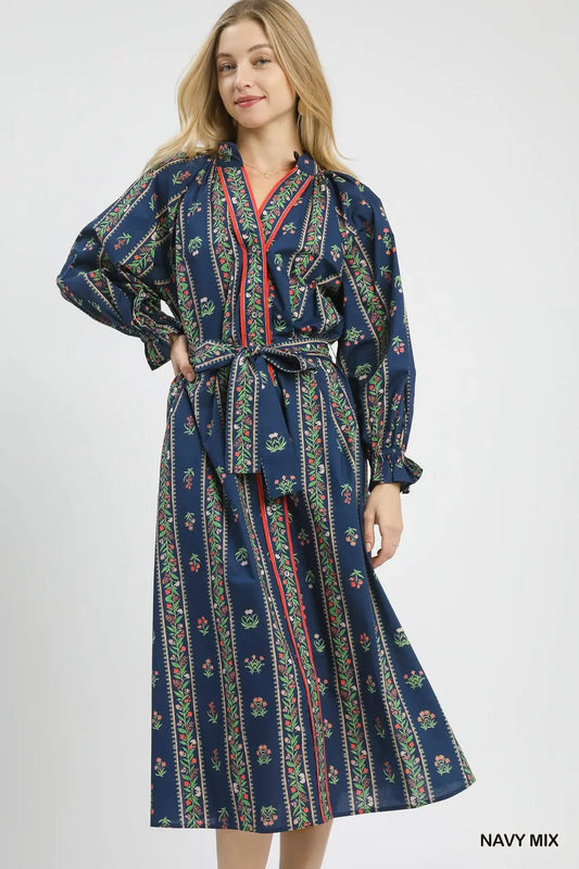 MIX FLORAL STRIPE MAXI DRESS - NAVY MIX