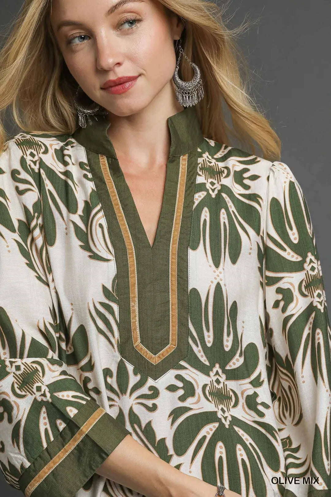 BAROQUE FLORAL TUNIC TOP WITH GOLD TRIM - OLIVE MIX