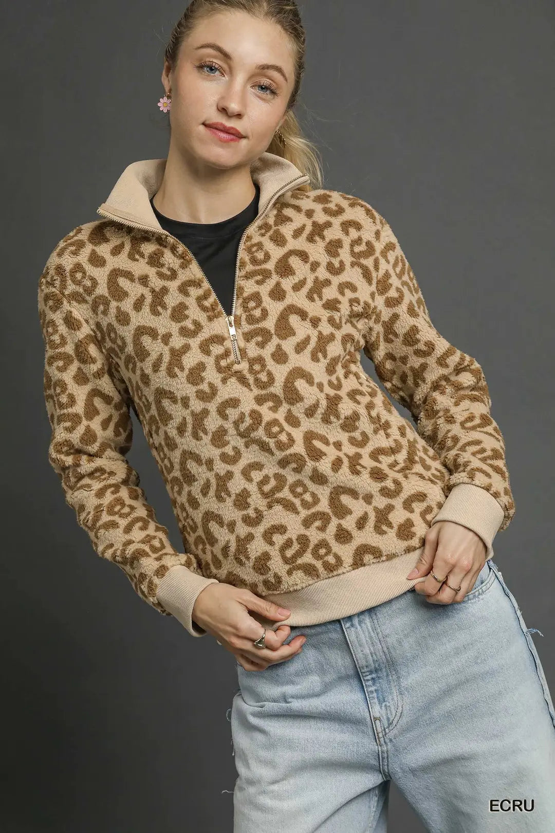 LEOPARD PRINT QUARTER-ZIP PULLOVER - ECRU