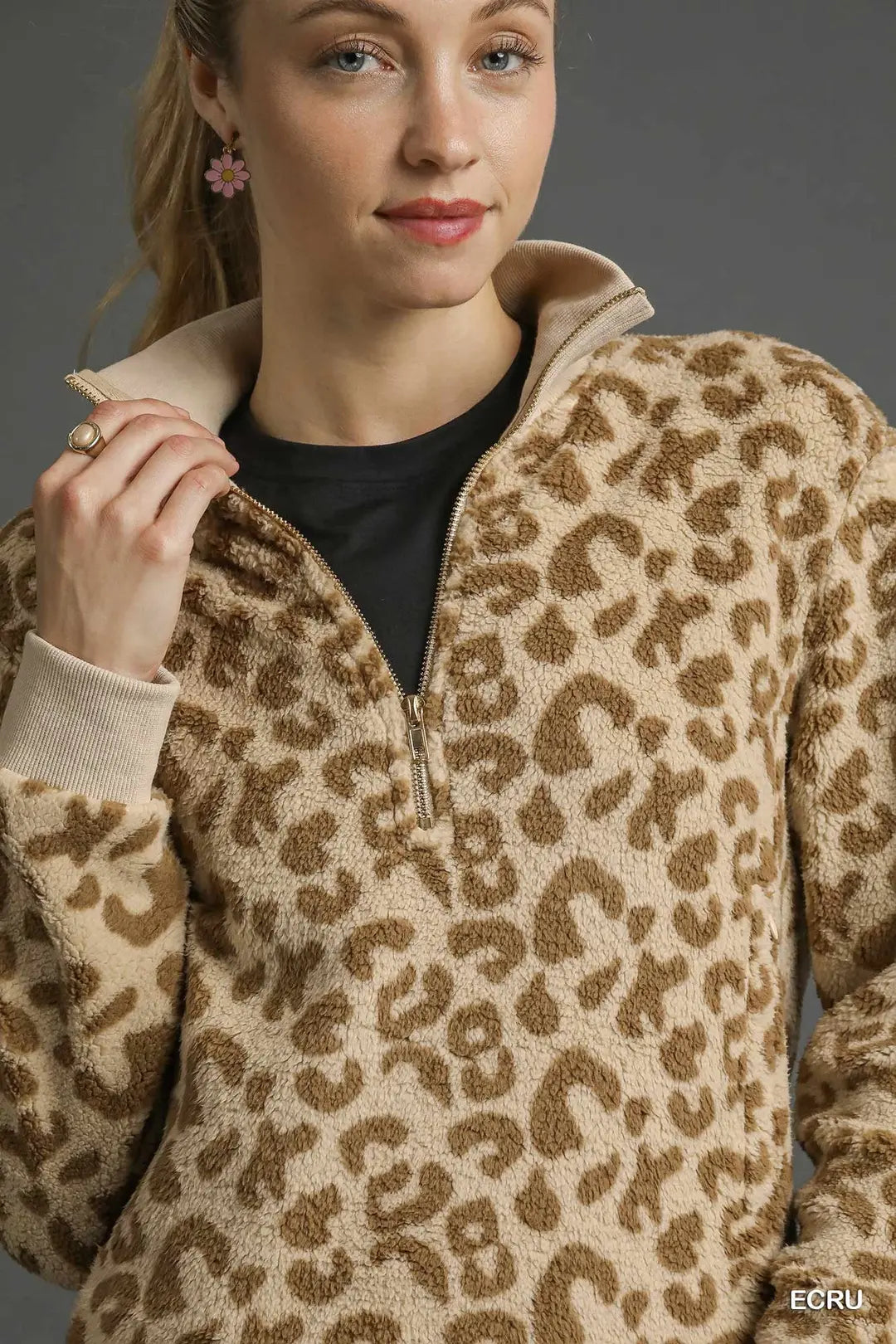 LEOPARD PRINT QUARTER-ZIP PULLOVER - ECRU