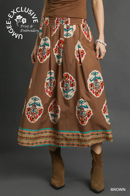 BOHO FLORAL MIDI SKIRT - BROWN