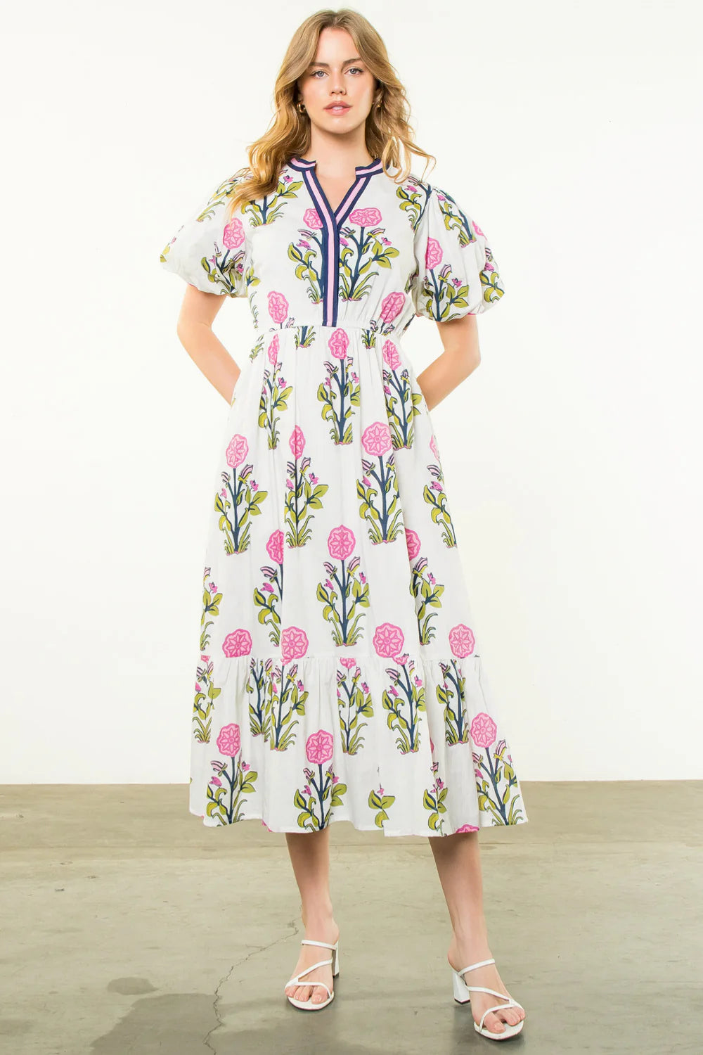 PUFF SLEEVE FLOWER PRINT MAXI DRESS - WHITE