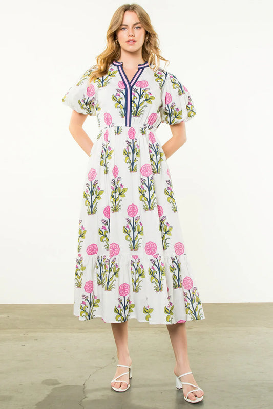 PUFF SLEEVE FLOWER PRINT MAXI DRESS - WHITE