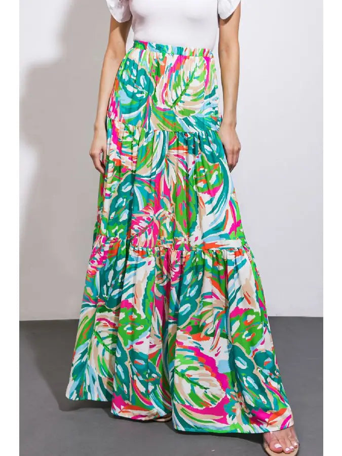 PRINTED WOVEN MAXI SKIRT - GREEN/PINK