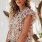 RED BOHO FLORAL FRILLED BUTTON NECK RUFFLE SHORT SLEEVE BLOUSE