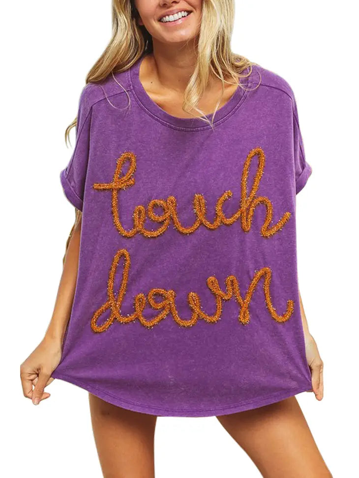 TOUCHDOWN METTALIC LETTER VINTAGE WASHED TOP - VIOLET