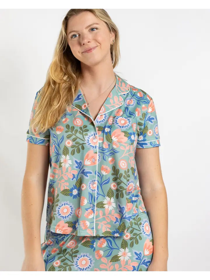 LIZZIE SHORT SLEEVE BUTTON UP SLEEP SHIRT - BLUE/MULTI