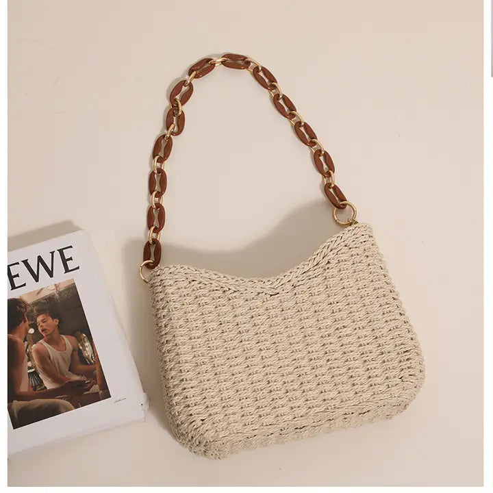 STRAW SHOULDER BEACH BAG - KHKAI