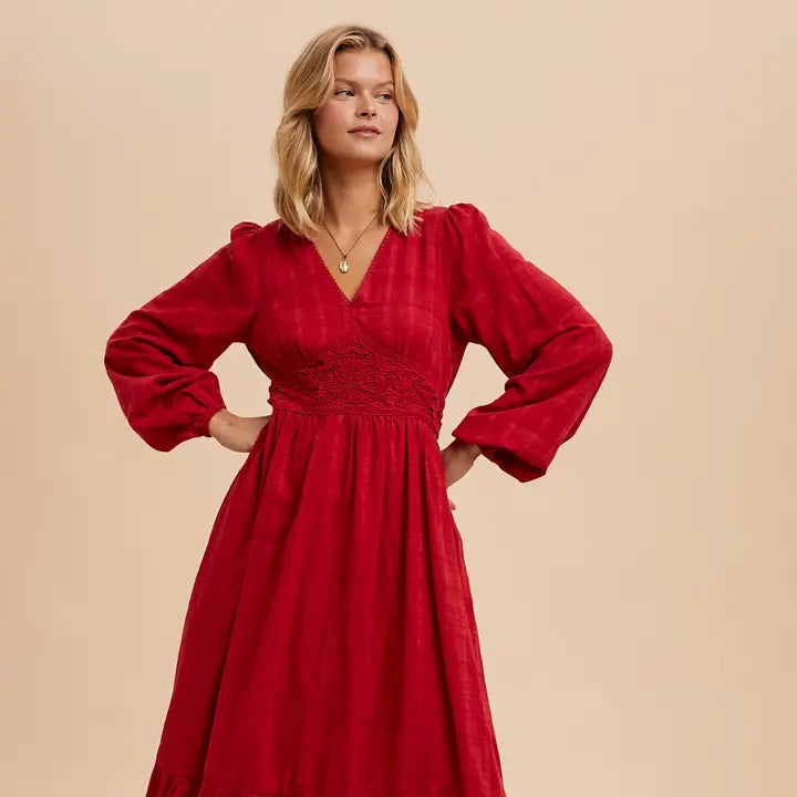 LACE DETAIL COTTON MAXI DRESS - RED